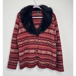 VTG Skyr Woman 100% Wool Fair‎ Isle Cardigan Sweater Faux Fur Collar Sz 2X 80s